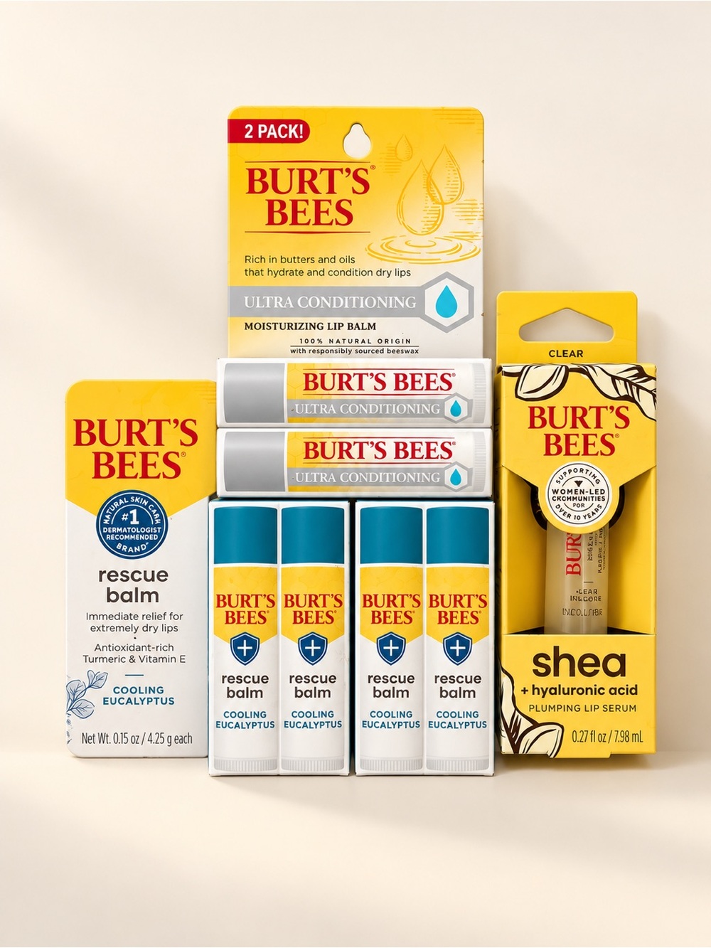 NEW • Burt’s Bees Lip Care Set • Rescue Balm + Plumping Serum • 7 Pc